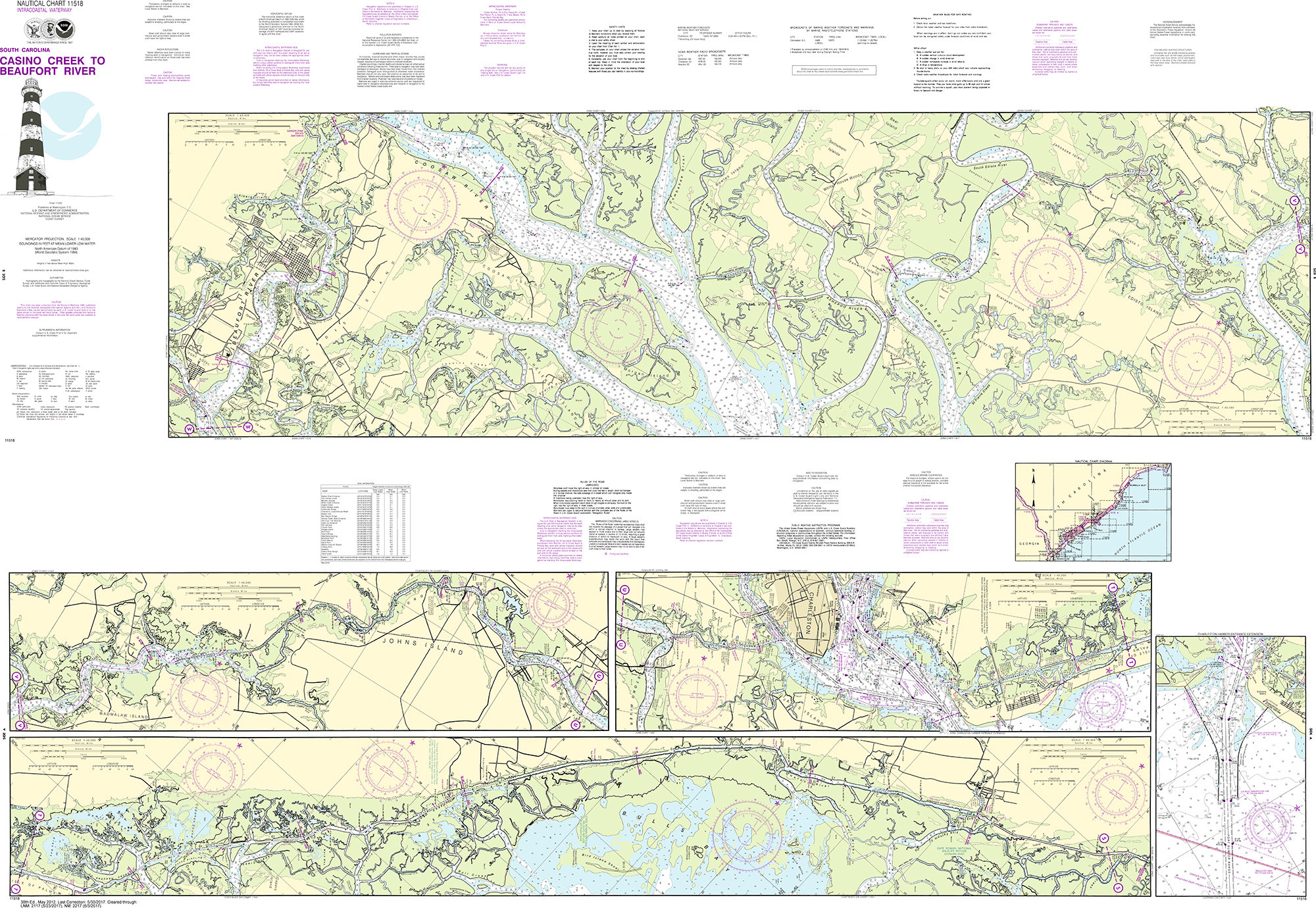 NOAA Nautical Chart - 11518 Intracoastal Waterway Casino Creek to Beaufort  River, image size:2000x1380
