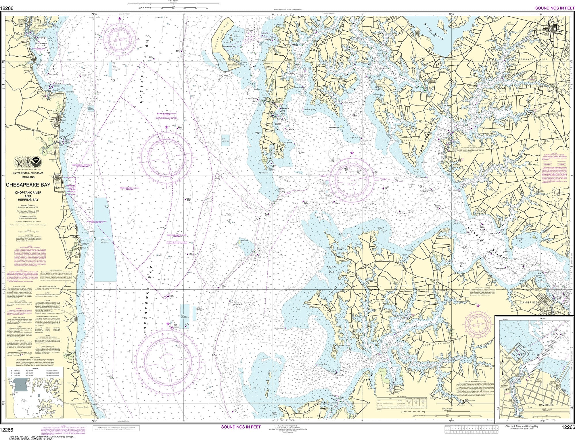 NOAA Nautical Chart - 12266 Chesapeake Bay Choptank River and Herring Bay; Cambridge