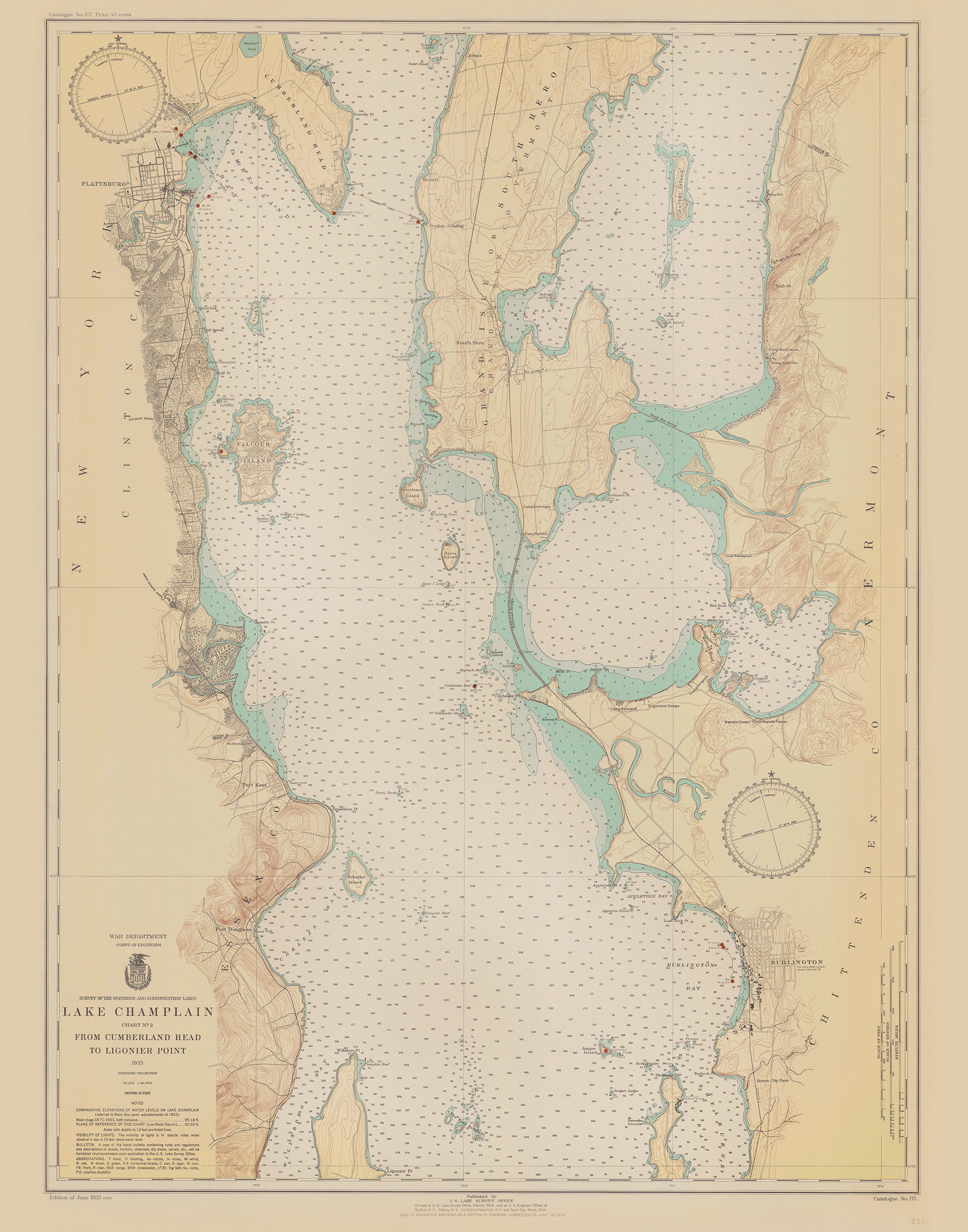 Historical Nautical Chart - 172-6-1935 Lake Champlain From Cumberland To Ligonier