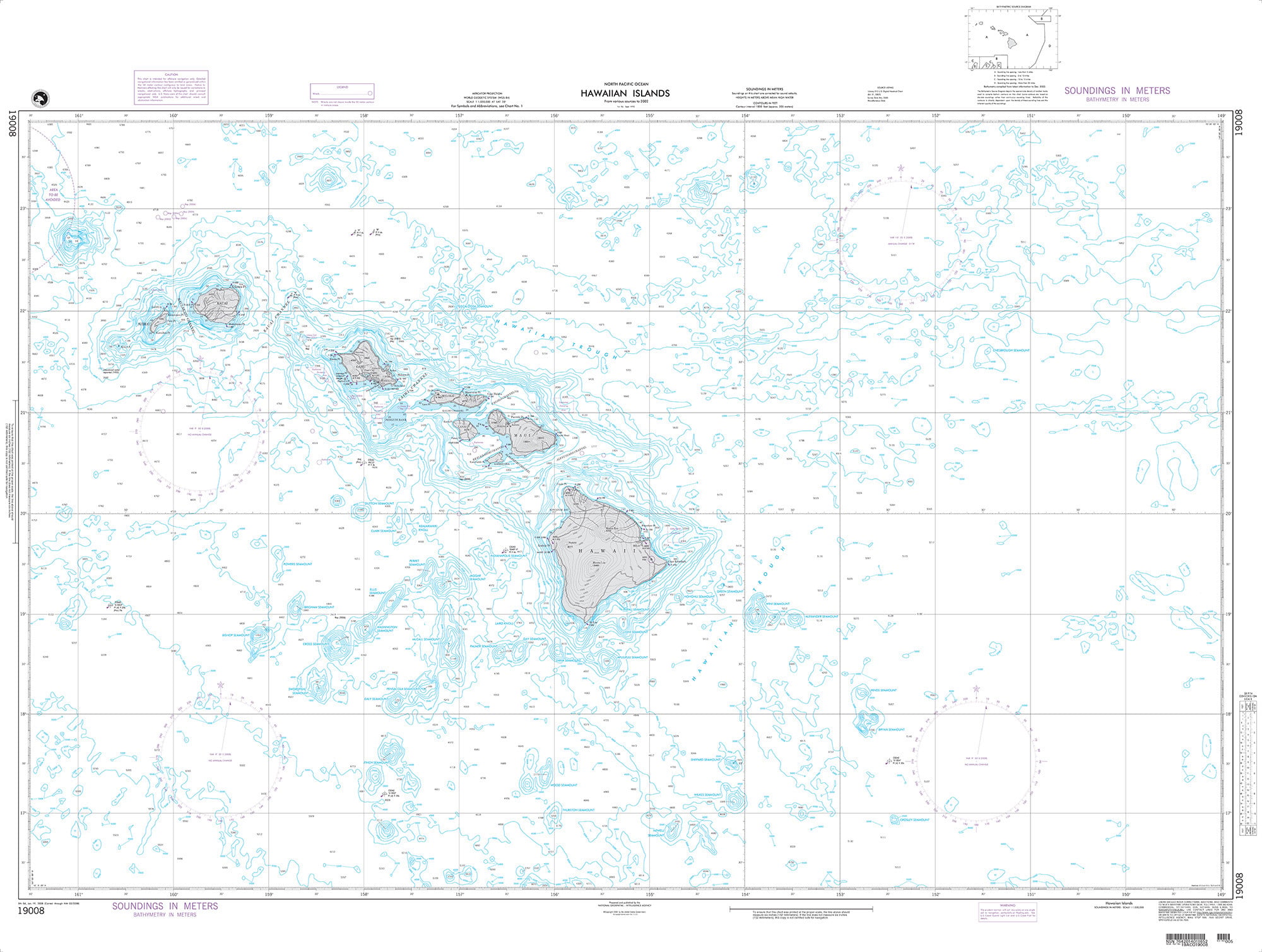 NGA Nautical Chart - 19008 Hawaiian Islands (OMEGA-BATHYMETRIC CHART)