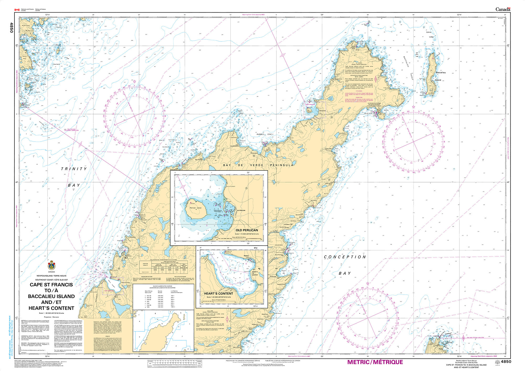 CHS Nautical Chart - CHS4850 Cape St Francis to / a Baccalieu Island and / et Hearts Content