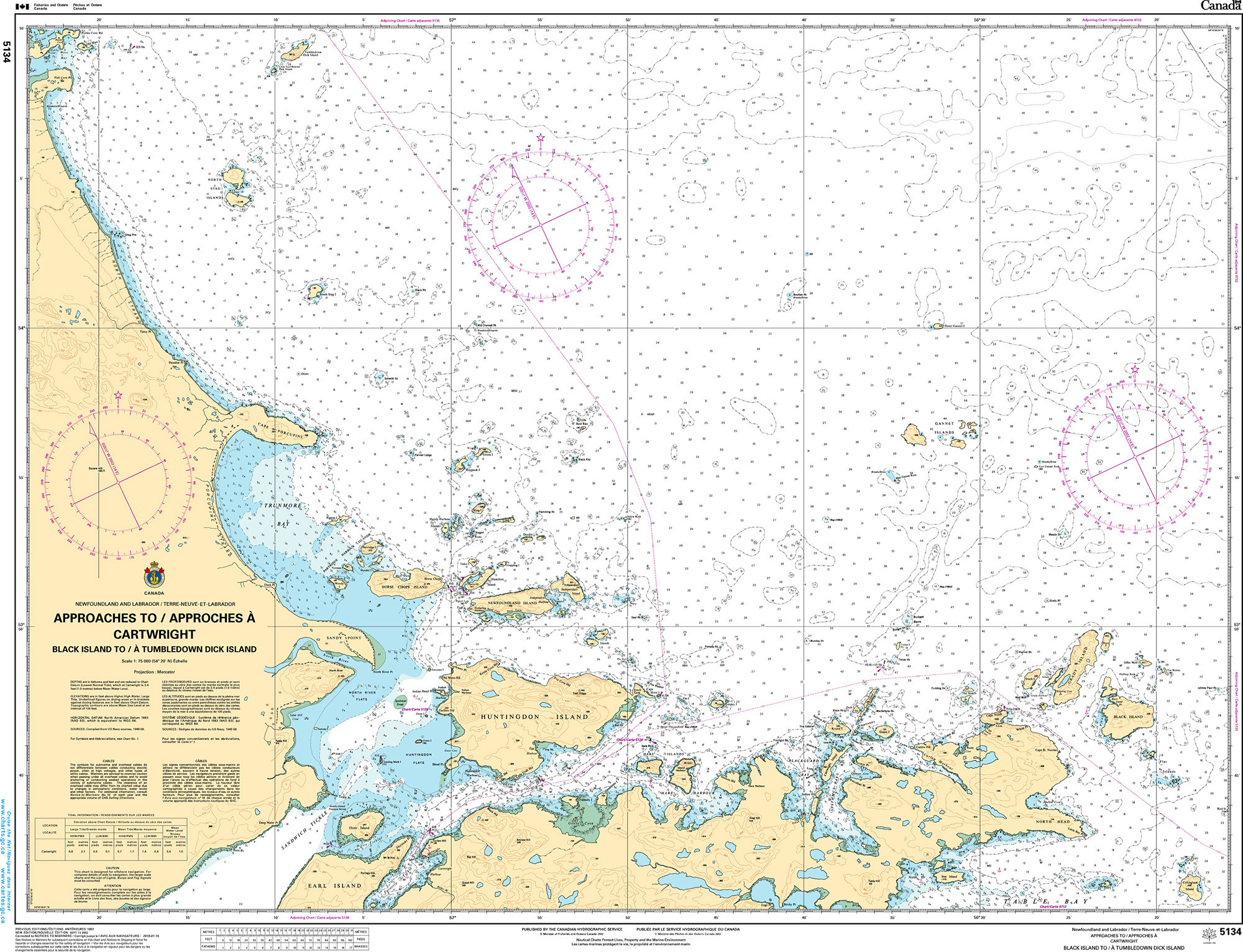 CHS Nautical Chart - CHS5134 Approaches to / Approches a Cartwright: Black Island to / a Tumbledown Dick Island