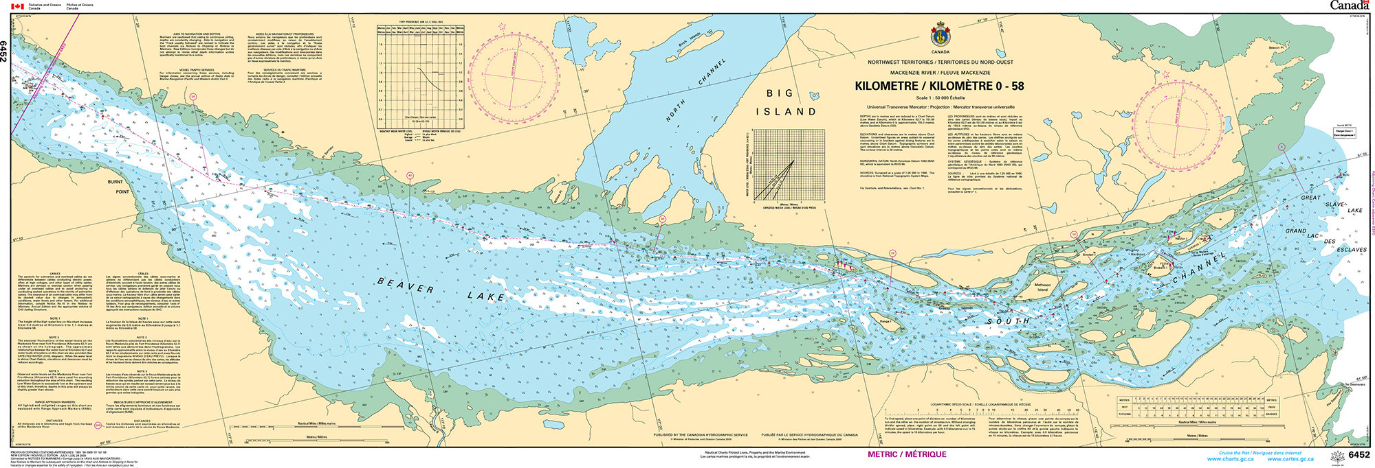 CHS Nautical Chart - CHS6452 Mackenzie River / Fleuve Mackenzie (Kilometre / Kilometre 0-58)